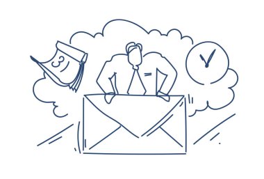 iş adamı tutun zarf sohbet mesaj kavramı posta Takvim Saat iletişim adam siluet kroki doodle yatay vektör çizim