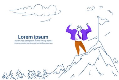 İşadamı dağ bayrak lider iş adam üst noktası başarı kazanmak kavramı erkek renkli siluet kroki doodle yatay kopya alanı tırmandı