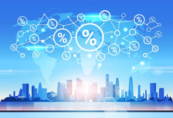 Mapa del mundo por ciento icono análisis financiero red futurista interfaz conexión concepto horizonte puesta del sol paisaje urbano fondo plano horizontal — Archivo Imágenes Vectoriales
