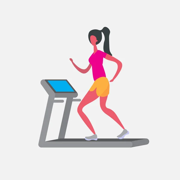 Woman running treadmill cartoon character sport female activities isolated keep fit healthy lifestyle motivation concept full length flat — Stock Vector