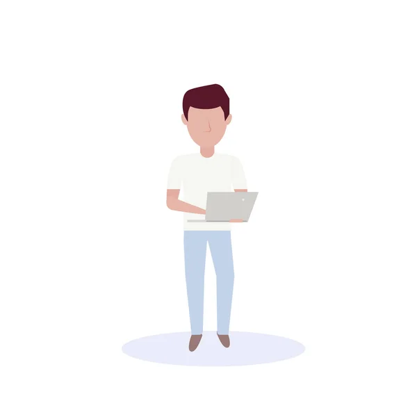 Homem usando laptop em pé pose isolado silhueta sem rosto personagem cartoon masculino comprimento total plana — Vetor de Stock