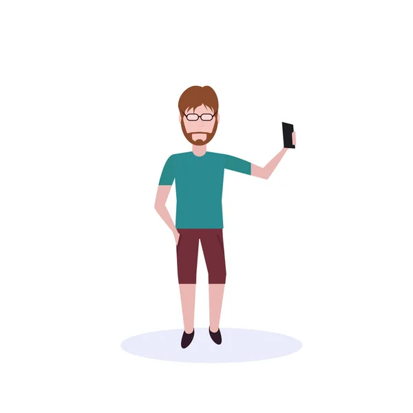 Homem cabelo marrom fazendo selfie em pé pose isolado silhueta sem rosto personagem cartoon masculino comprimento total plana — Vetor de Stock