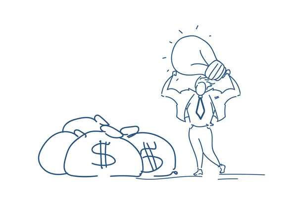 İşadamı dolarlık büyüme zenginlik kavram başarılı başlangıç yeni fikir erkek siluet kroki doodle yatay ışık lamba para çantaları tutun — Stok Vektör