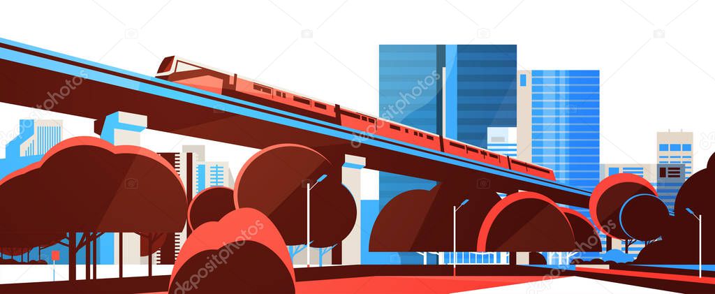 Subway monorail over city skyscraper view cityscape background skyline flat horizontal banner