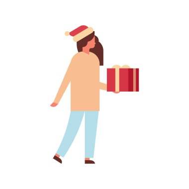 kadın kadın çizgi film karakteri düz izole hediye kutusu mevcut neşeli Noel mutlu yeni yıl tatil kutlama kavramı tam uzunlukta tutun