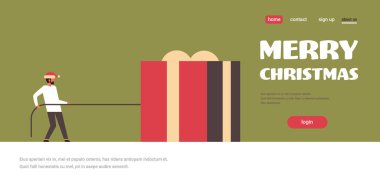 halat hediye kutusu mevcut neşeli Noel mutlu yeni yıl tatil kavramı düz yatay kopya alanı çekerek adam