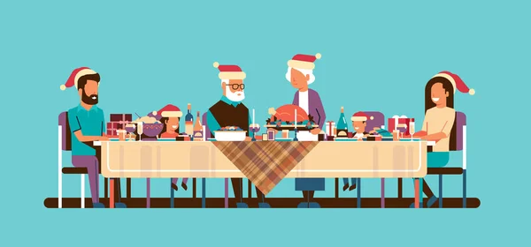 Több generációs család ünnepli az új évet vidám karácsonyi ünnep emberek ül az asztal hagyományos vacsora koncepció vízszintes sík — Stock Vector