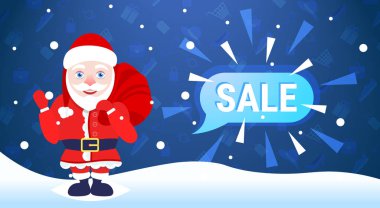 neşeli Noel mutlu yeni yıl tatil büyük satış konsepti Noel Baba tutun çuval sohbet kabarcık özel teklif promosyon düz