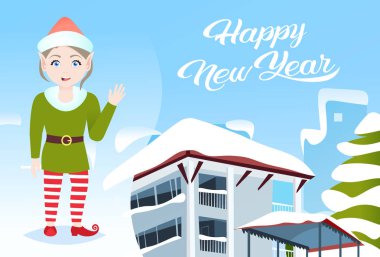 şirin sallayarak elf kızı mutlu yeni yıl neşeli Noel tatil kavramı kış kar kapalı ev cityscape arka plan tebrik kartı düz yatay