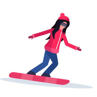 Snowboard kadın gözlük kadın karton karakter sporcumuz snowboard tam uzunlukta düz giyen kış spor faaliyetleri Bayan kayma izole