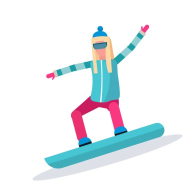 Snowboard kadın gözlük kadın karton karakter sporcumuz snowboard tam uzunlukta düz giyen kış spor faaliyetleri Bayan kayma izole