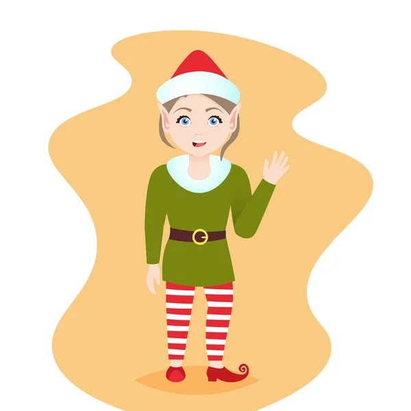 Mignon agitant elfe fille santa claus helper porter chapeau rouge joyeux noël heureux nouvelle année fête concept plat — Image vectorielle