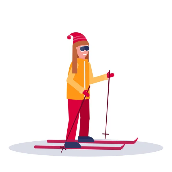 Mujer esquí deporte actividades señora con gafas traje de esquí personaje de cartón femenino deportista en esquís longitud completa perfil plano aislado — Vector de stock