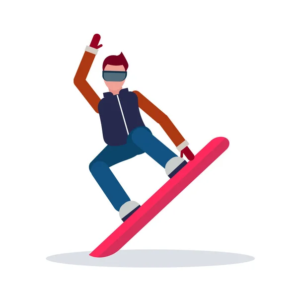 Snowboarder hombre deslizamiento abajo invierno deporte actividades chico usando gafas macho cartón carácter deportista snowboard completo longitud plana aislado — Archivo Imágenes Vectoriales