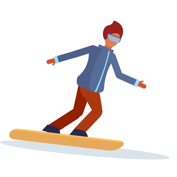 Snowboarder homme glissant vers le bas des activités de sport d'hiver gars portant des lunettes mâle carton caractère sportif snowboard pleine longueur appartement isolé — Image vectorielle