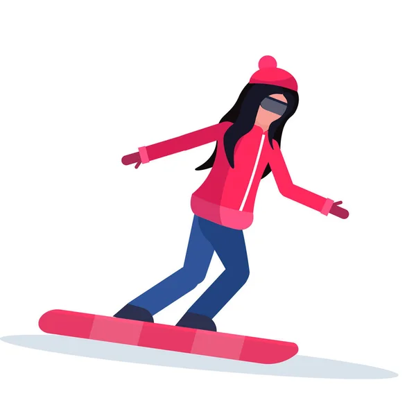 Snowboardista žena sklouzla zimní sportovní aktivity dáma nosí brýle ženské kartonu charakter sportovkyně snowboarding celé délce plochý, samostatný — Stockový vektor