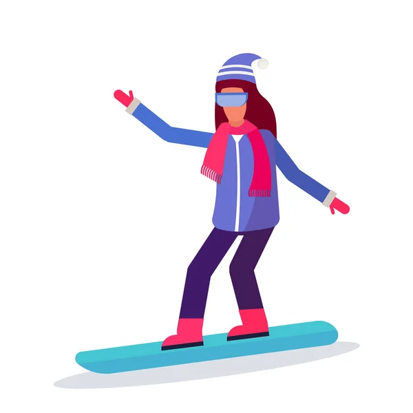 Snowboarder vrouw glijdend van winter sport activiteiten lady dragen van bril vrouwelijke karton Sportvrouw snowboarden volledige tekenlengte plat geïsoleerd — Stockvector