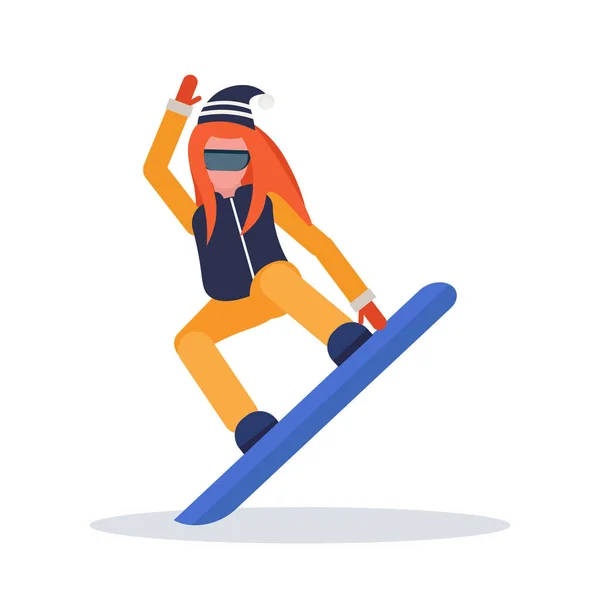 Snowboarder vrouw glijdend van winter sport activiteiten lady dragen van bril vrouwelijke karton Sportvrouw snowboarden volledige tekenlengte plat geïsoleerd — Stockvector
