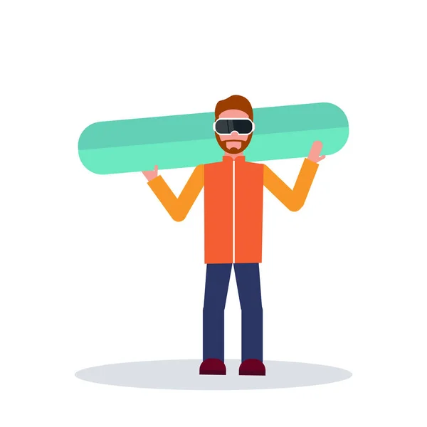 Snowboarder man holding snowboard winter vacation hobby concept sportsman wearing goggles male cartoon character full length isolated flat — Stock Vector