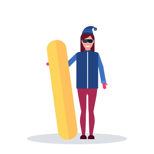 Snowboarder femme tenant snowboard vacances d'hiver hobby concept sportif femme portant lunettes personnage de bande dessinée femme pleine longueur isolé plat — Image vectorielle