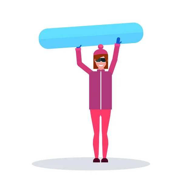 Snowboarder vrouw met snowboard winter vakantie hobby concept Sportvrouw dragen van bril vrouwelijke cartoon karakter volle lengte geïsoleerd plat — Stockvector