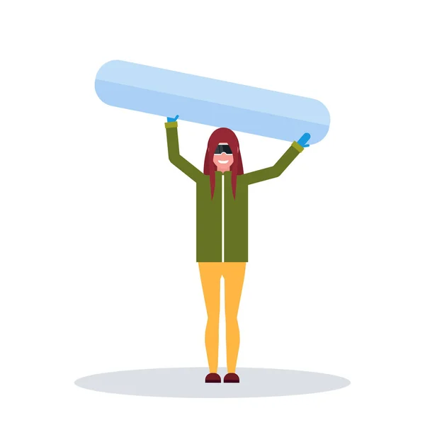 Snowboarder femme tenant snowboard vacances d'hiver hobby concept sportif femme portant lunettes personnage de bande dessinée femme pleine longueur isolé plat — Image vectorielle