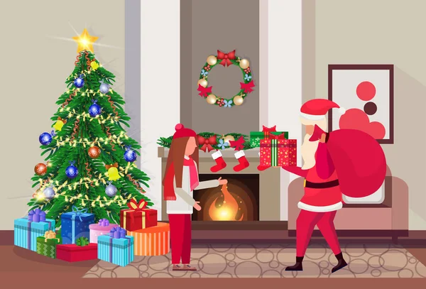 Santa claus wachtruimte aanwezig voor meisje in woonkamer ingericht merry christmas gelukkig Nieuwjaar pine tree open haard huis interieur decoratie winter concept vakantie vlak en horizontaal — Stockvector