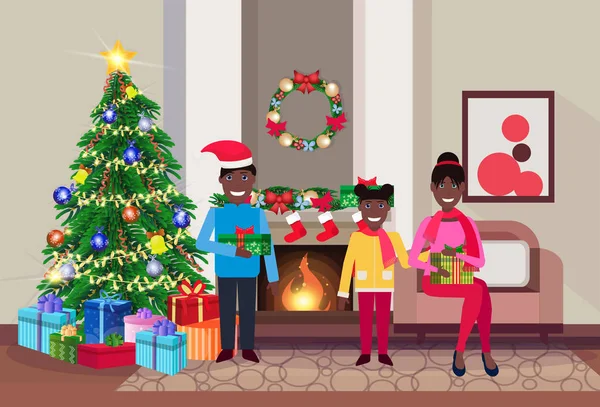 Neşeli Noel mutlu yeni yıl aile oturma odası çam ağacı şömine ev iç dekorasyon kış tatil genel kavram düz yatay oturan — Stok Vektör