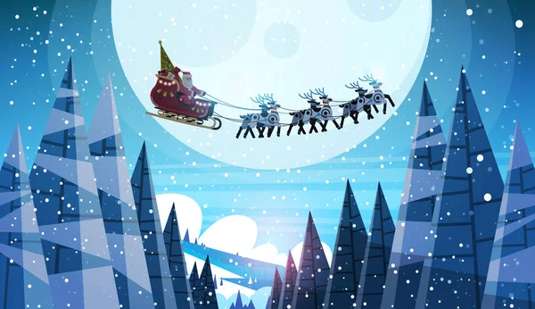 Mikulás a szánon rénszarvasok éjszakai égbolton a Hold vidám karácsonyi boldog új évet vízszintes téli ünnepek koncepció lapos repül — Stock Vector