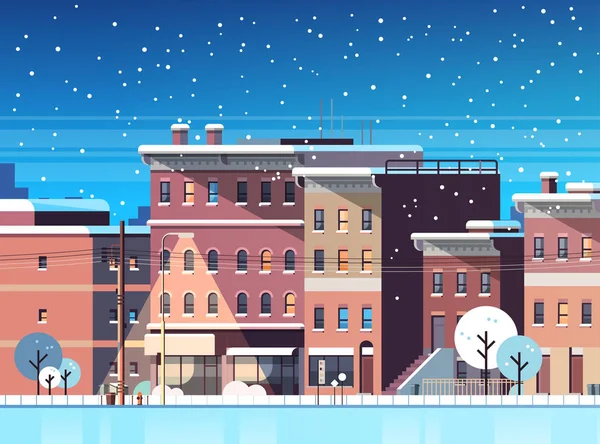 도시 건물 집 밤 겨울 거리 풍경 배경 메리 크리스마스 해피 뉴가 어 개념 평면 수평 평면 — 스톡 벡터