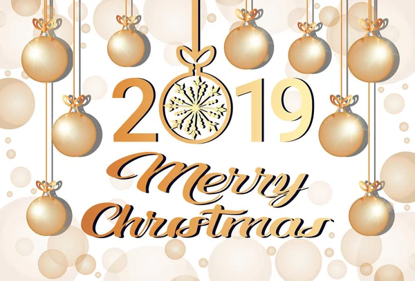 Веселий різдвяний щасливий новий рік 2019 концепція золоті кульки прикраса сніжинки вітальна листівка горизонтальна — стоковий вектор