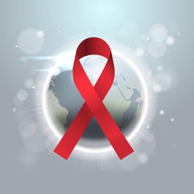 Dünya AIDS Günü farkındalık kırmızı kurdele oturum dünya harita Uluslararası Tıbbi önleme poster üzerinde düz