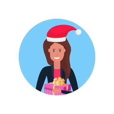 kadın kırmızı şapka yüz avatar yeni yıl neşeli Noel kavramı düz kadın karikatür karakter portre