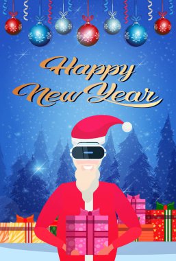 Noel Baba Giyim dijital sanal gerçeklik gözlük hediyesi tutun kutu neşeli Noel mutlu yeni yıl kavramı orman manzara düz dikey