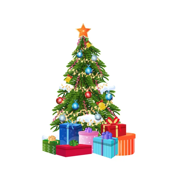 Decorado caja de regalo año nuevo árbol de Navidad concepto aislado plano — Vector de stock