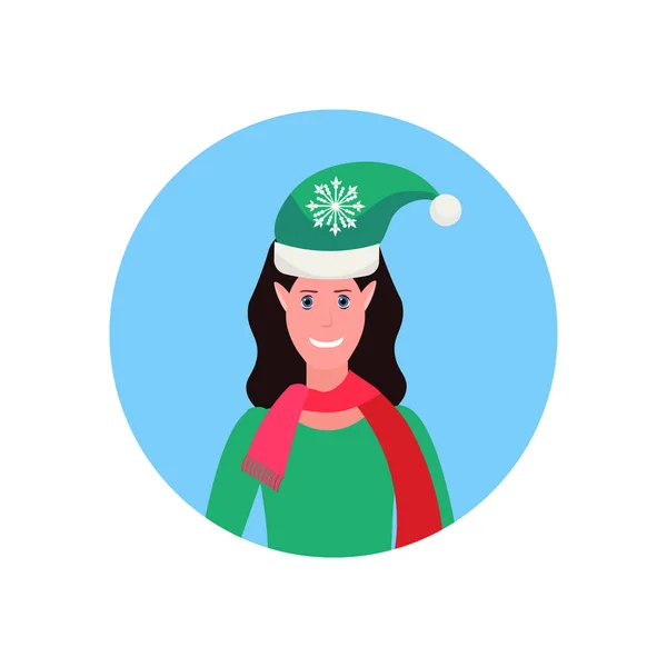 Brünette frau weihnachten elf weihnachtsmann helfer konzept gesicht avatar porträt weiblich cartoon figur isoliert — Stockvektor