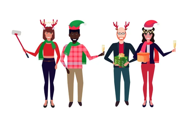 Mix race persone che indossano costumi diversi in piedi insieme felice anno nuovo Buon Natale concetto di celebrazione piatto isolato lunghezza intera orizzontale — Vettoriale Stock