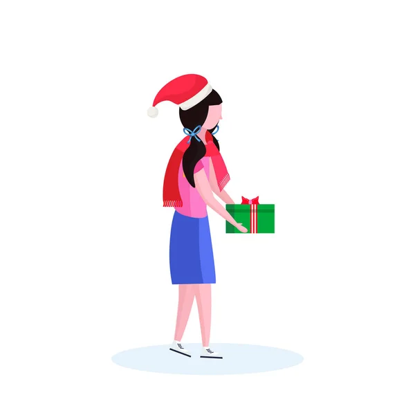 Woman wearing hat holding gift box happy new year merry christmas concept female cartoon character profile full length isolated — Stock Vector