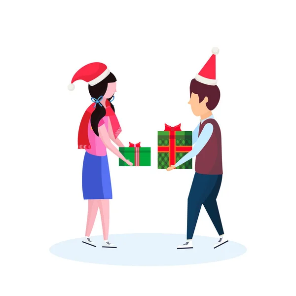 Boy girl couple giving present each other happy new year merry christmas concept flat male female cartoon character isolated full length — Stock Vector