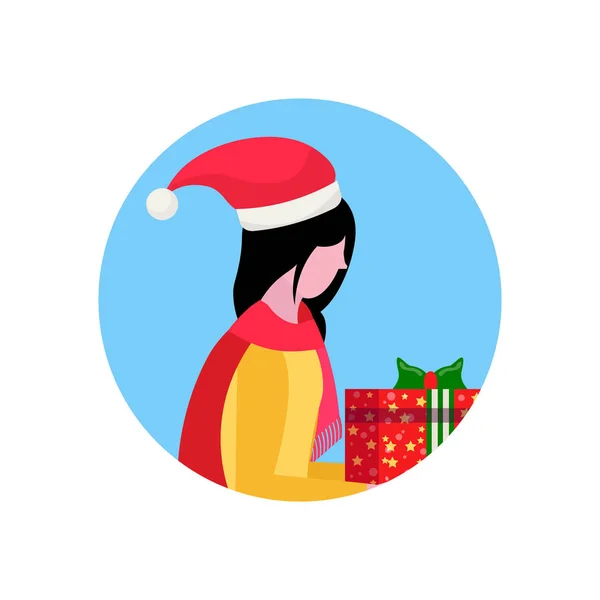 Frau trägt Hut Halten Geschenkbox Frohes Neues Jahr Frohe Weihnachten Konzept weibliches Gesicht Avatar Profil Cartoon Charakter Portrait isoliert — Stockvektor