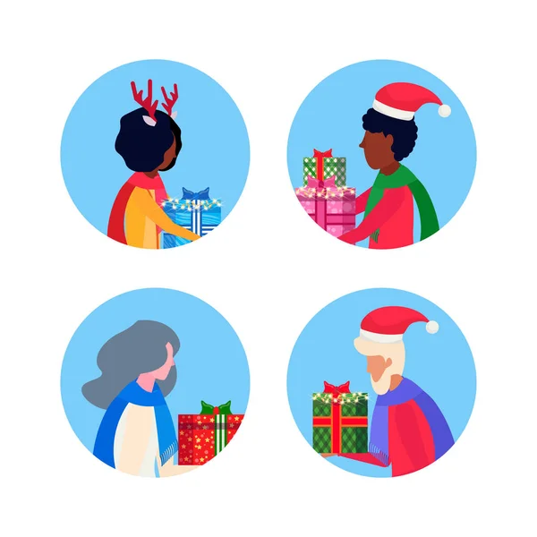 Set Mischung Rennen verschiedenen Alters Menschen halten Geschenk-Box frohes neues Jahr fröhliche Weihnachten Konzept männlich weiblich Gesicht Avatar Profil Cartoon Charakter Portrait Sammlung isoliert — Stockvektor