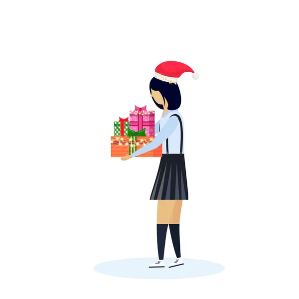 Asian woman wearing hat holding gift box happy new year merry christmas concept female cartoon character profile full length isolated — Stock Vector