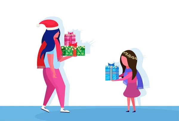 Africano americano madre hija dando regalo caja cada otro feliz año nuevo feliz Navidad concepto dibujos animados femenino carácter perfil largo aislado — Archivo Imágenes Vectoriales