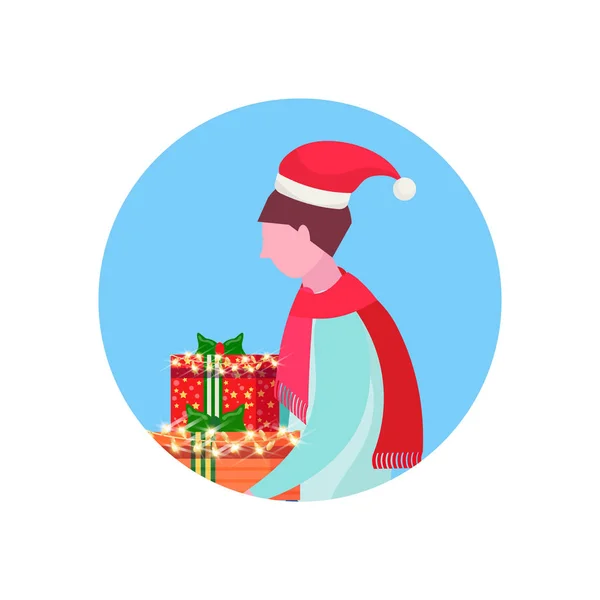 Mann trägt Hut Halten Geschenkbox Frohes Neues Jahr Frohe Weihnachten Konzept männlich Gesicht Avatar Profil Cartoon Charakter Portrait isoliert — Stockvektor