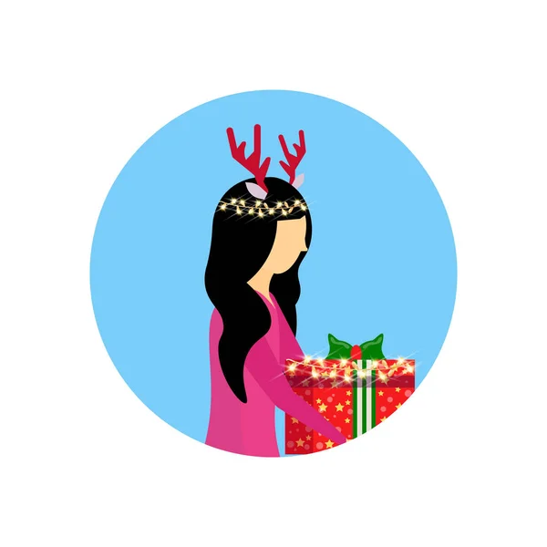 Asiatische Frau Hirsch Hörner halten Geschenk-Box frohes neues Jahr frohe Weihnachten Konzept weibliches Gesicht Avatar Profil Cartoon Charakter Porträt isoliert — Stockvektor