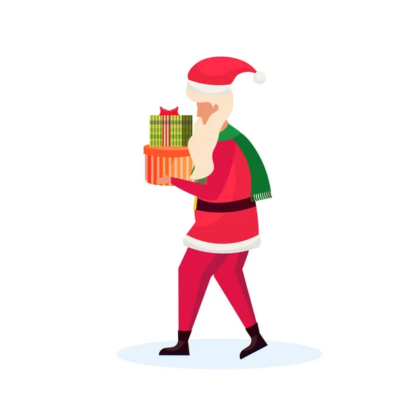 Santa claus carrying gift box happy new year merry christmas concept male cartoon character profile full length isolated — Stock Vector