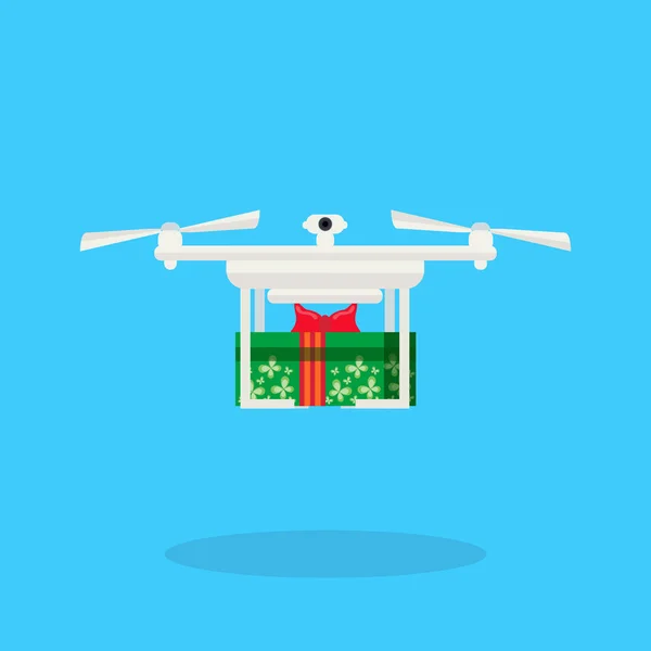 Drone levering presenteren Nieuwjaar merry christmas holiday concept plat blauwe achtergrond vectorillustratie — Stockvector