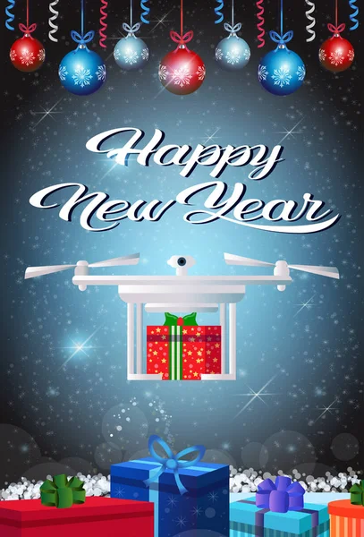 Drone levering presenteren Nieuwjaar vrolijke vakantie concept cadeau doos kleurrijke ballen Kerstdecoratie plat verticale — Stockvector