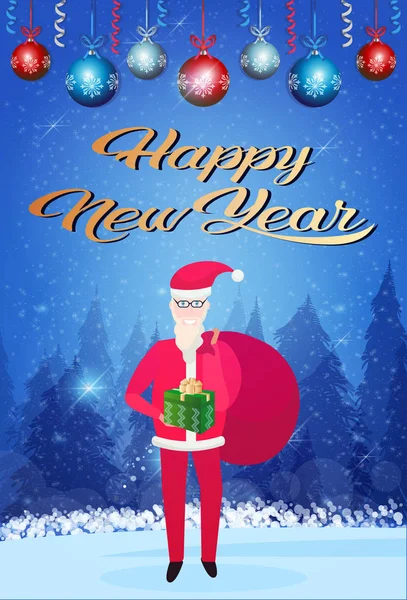 Santa claus tenant coffret cadeau sac heureux nouvelle année joyeux Noël concept hiver forêt paysage fond pleine longueur verticale — Image vectorielle