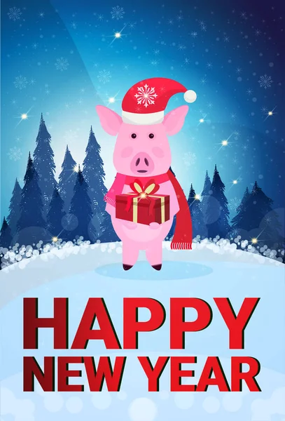 Cerdo celebración caja de regalo con sombrero abeto invierno bosque paisaje feliz año nuevo feliz concepto de Navidad plana longitud completa vertical — Vector de stock